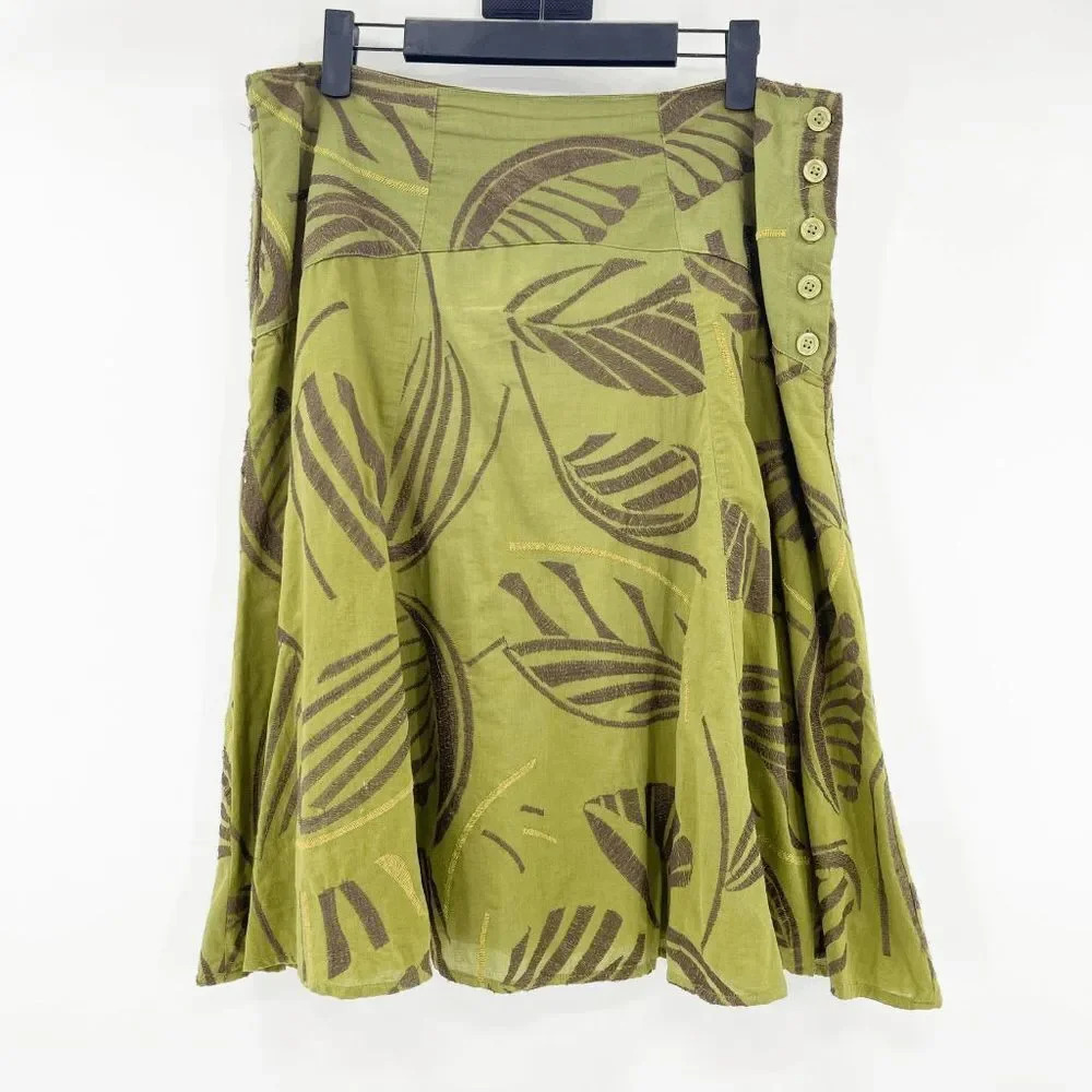 Kenar‎ A Line Printed Skirt Women's Size 8 Olive Green Pleated Embroidery